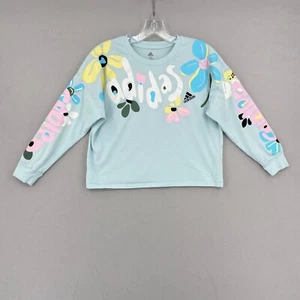 Adidas Girls Jersey Logo Graphic Tee Size Medium Blue Long Sleeve Crewneck - Picture 1 of 12