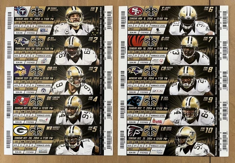 DREW BREES 2014 NEW ORLEANS SAINTS FULL TICKETS vs Packers Vikings 49ers Ravens Cover