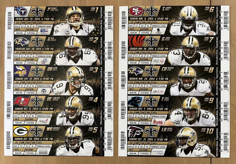 Boletos completos Drew Brees 2014 New Orleans Saints vs Packers Vikings 49ers Ravens Foto 1 de 1