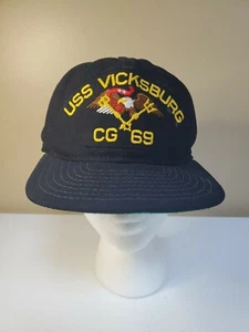 Vintage 90s New Era Gray Snap Back Hat USS Vicksburg CG69 Navy Army Hat MADE USA - Picture 1 of 8