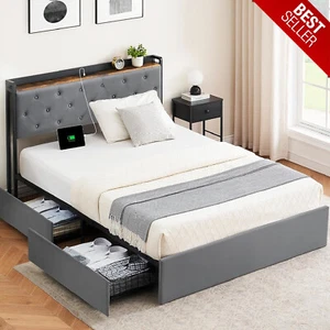Queen Size Bed Frame Velvet Upholstered Platform w/Charging Station and Drawers - Picture 1 of 18