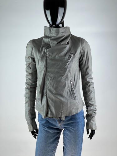 Giacca da motociclista Rick Owens donna argento metallizzato pelle d'agnello taglia IT44 US10