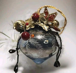 Vintage Etched Glass Christmas Ornament Embellished Pointsettia Beads Metal 4x3" - Picture 1 of 14