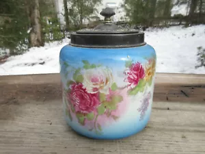 Antique Eureka Silver Co. Hand Painted Porcelain Biscuit Jar 7" x 5.5" No Handle - Picture 1 of 11