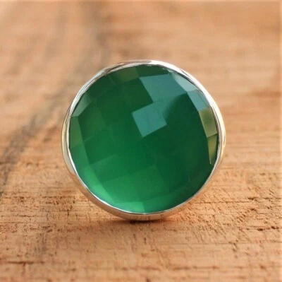 925 Argento Sterling di Forma Rotonda Verde Onice 100% Originale Artigianale - Immagine 1 di 4