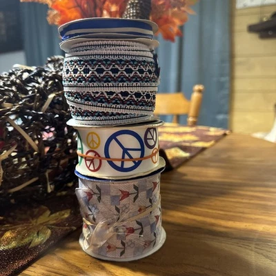 Lot Of 4 Decorative Spools Of Ribbon With Checkered Flower, Peace Sign, Western - Image 1 of 4