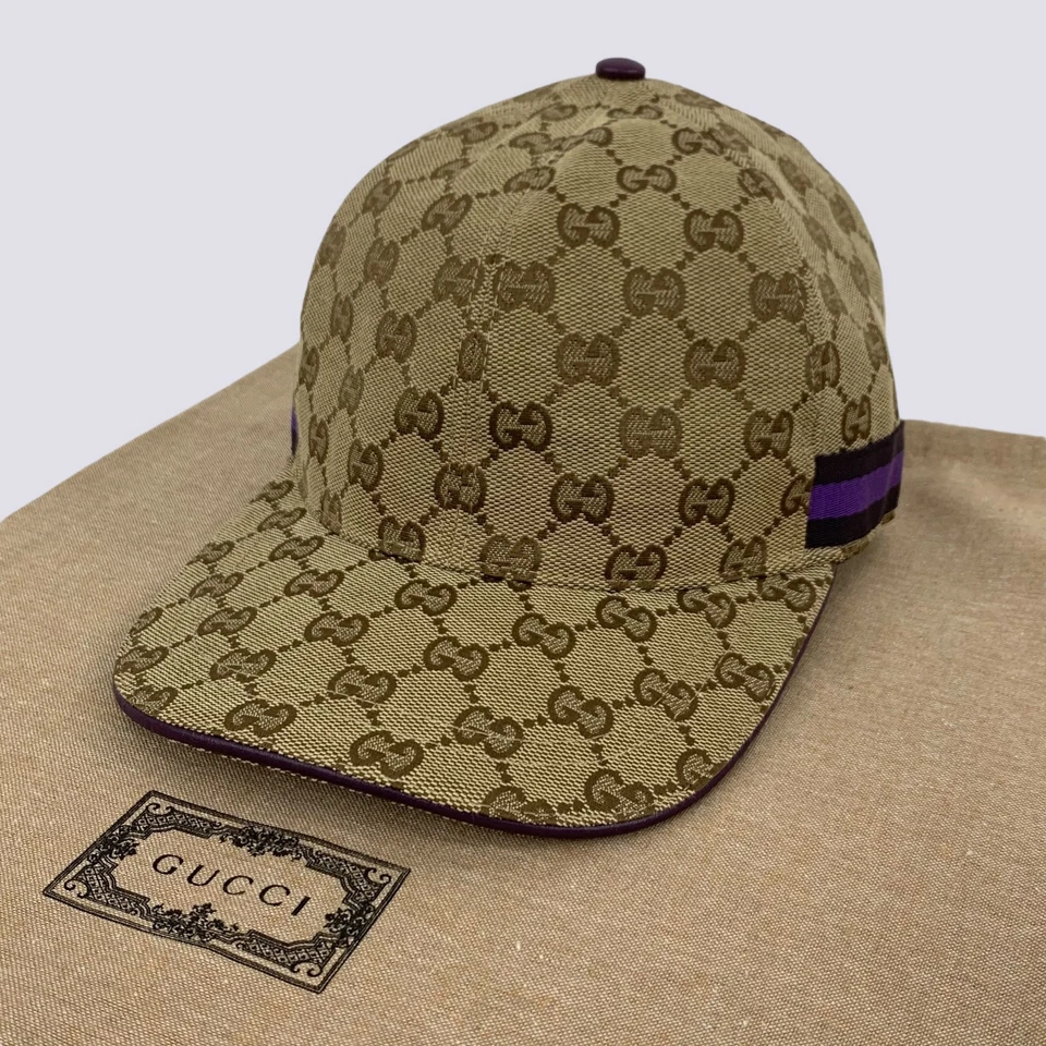 Boné de beisebol Gucci GG monograma roxo listra de teia bege tamanho M - Imagem 1 de 4