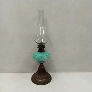 Antique English Brass & Glass Finger Oil Lamp W/ Chimney Vintage Original - Picture 1 of 7
