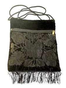 Velveteen Evening Shoulder Bag Purse Black w Butterfly Floral Design Zip Top - Picture 1 of 6