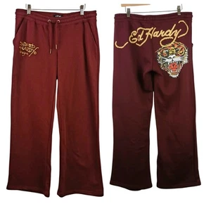 Ed Hardy Women's SZ L Retro Tiger Burgundy Cotton Blend Track Sweat Pants - Picture 1 of 6