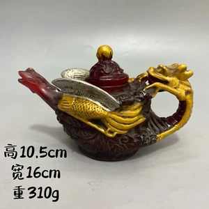 Collect Chinese painting color amber colore stone hand carven phoenix teapot - Picture 1 of 9