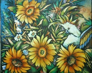 Expressionist Oil Painting Sunflowers Cockatoo Bird on Canvas D Marie? - Picture 1 of 12