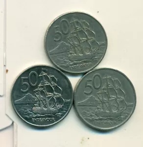 3 - 50 CENT COINS w/ SHIPS from NEW ZEALAND - 1967, 1980 & 1988 (3 TYPES) - Picture 1 of 2