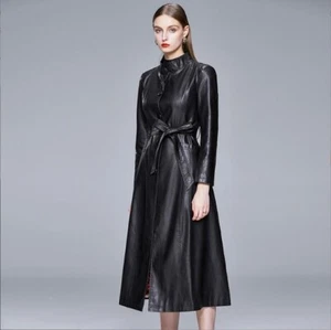 New Women's Leather Jacket Long Windbreaker Collar Trench Coat Slim Overcoat - Picture 1 of 18