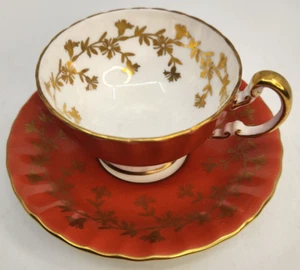 Aynsley ORANGE Ruffled Garland Carnation Teacup & Saucer - Picture 1 of 5