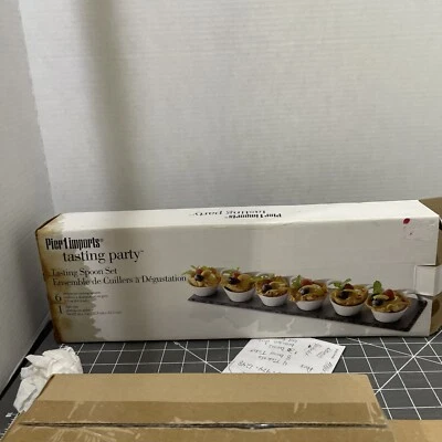 Pier ! Imports 6 pieces White Tasting Spoon Set and Black Slate Stoneware - Image 1 of 3