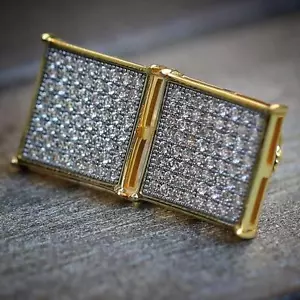 Large Micro Pave Mens Yellow Gold Plated Square Hip Hop Screw Back Stud Earrings - Picture 1 of 5