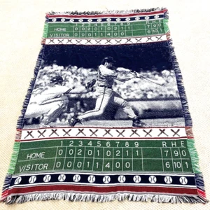 VTG Baseball Theme Art Tapestry Throw Fringe Blanket 48x70 Fringe Cotton Batter - Picture 1 of 12
