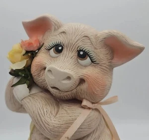 Florecedores de cerámica bisque cerdo en rosa y crema con flores amarillas rosadas - Imagen 1 de 9