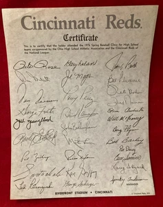 RAR! 1976 Cincinnati Reds High School Besuch Faksimile signiert Zertifikat - Bild 1 von 7