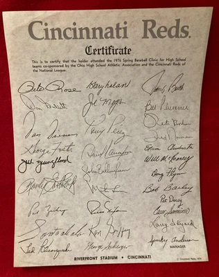 RARE! 1976 Cincinnati Reds High School Attendance Facsimile Signed Certificate - Image 1 of 4
