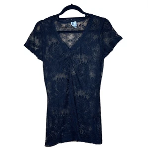 BKE Women’s XL Black Lace Sheer V Neck Top Floral Witchy Goth Whimsigoth Tee - Picture 1 of 8
