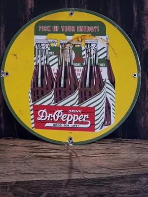 LETRERO DE PORCELANA DR. PEPPER BEBIDA VINTAGE, RECOGE TU ENERGÍA 6PK BOTELLAS 12" Foto 1 de 4