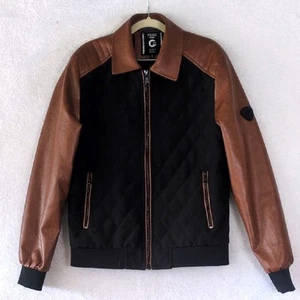 FRIED Denim Mens Brown Faux Leather Canvas Bomber Jacket Size S - Picture 1 of 8