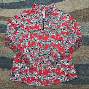 Camisa IBKUL Cuarto Cremallera Mujer Grande Roja Estampado Cebra Cuello Simulado Manga Larga Golf - Imagen 1 de 7