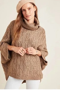 Anthropologie Corinne Cable Knit Poncho Sweater Top Taupe Tan Beige Size XS - Picture 1 of 11