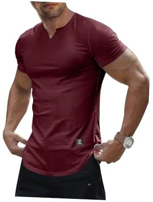 Camiseta ajustada muscular para hombre cuello en V Longline Henley camisa gimnasio X-grande A roja Foto 1 de 4