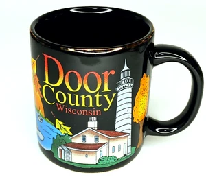 Taza de café Door County Wisconsin borde dorado negro atardecer veleros faro - Imagen 1 de 4