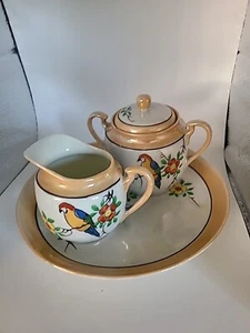 Sahne & Zucker mit Unterteller. Glanzgeschirr handbemalt Vögel/Blumen. Japan, Vintage - Bild 1 von 19