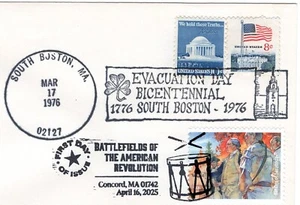 2025 AM. REV. BATTLEFIELDS SARATOGA PATRIOT FDC ON 1976 S. BOSTON EVACUATION DAY - Picture 1 of 1