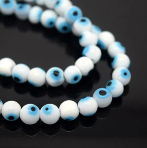 PERLINE LISCE IN VETRO ROTONDO EVIL EYE 4 MM,6 MM,8 MM - BIANCO/BLU - Foto 1 di 1