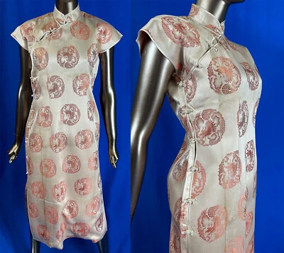 Vintage 1940 Chinese Cheongsam Red Dragon Roundels Pink Silk Brocade Qipao Dress - Image 1 of 3