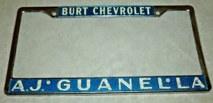 Vintage Chevrolet BURT Chevy A.J. Guanella RARE Plate Frame Embossed Dealer - Picture 1 of 2