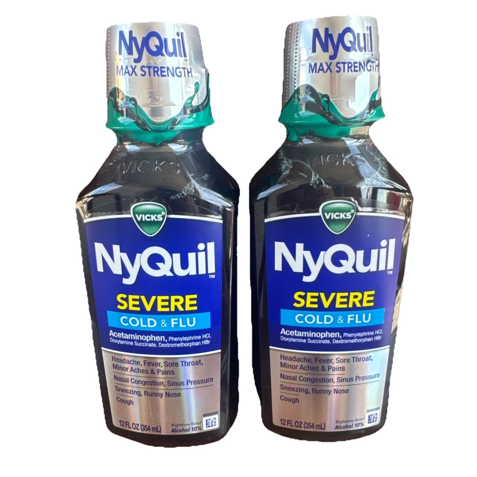 Paquete de 2 Vicks NyQuil resfriados y gripe severos de 12 oz cada uno caducado 03/2026 - tos nocturna Foto 1 de 3