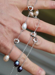 14K SOLID WHITE GOLD ~18" PEARL 9.7GRAMS HEART 3.5"DROP LARIAT CHAIN NECKLACE - Picture 1 of 8