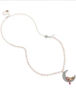Betsey Johnson Two-Tone Crystal Pave Bear & Moon Long Pendant Necklace - NWT - Picture 1 of 5