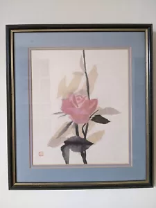 Beautiful Framed Japanese Paper Art of Pink Rose - Picture 1 of 5