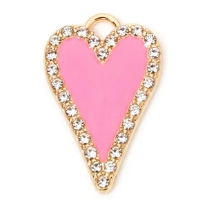 5 Pretty Pink Valentine Love Heart Gold Tone Pendants & Micro Pave Rhinestones - Picture 1 of 1