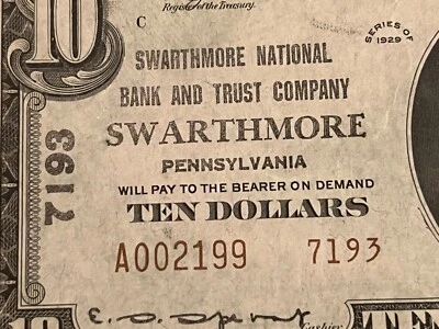 Swarthmore Pennsylvania, National bank , $10 1929 , T-2, AU / UNC , Scarce - Image 1 of 3