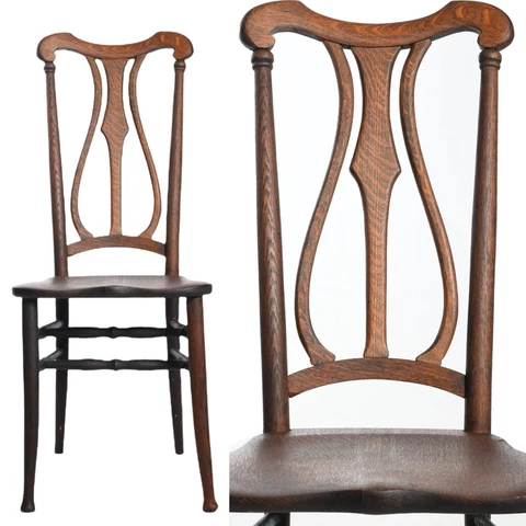 Antique Early 1900s Quarter Sawn Oak Art Nouveau Lyre Back Narrow Chair Cover