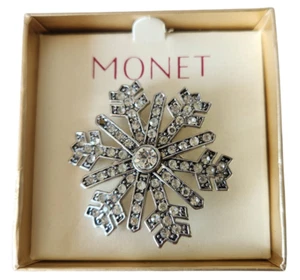MONET Clear Crystal Snowflake Brooch Pin 2" Signed Seasonal in Box - Picture 1 of 4