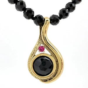 Abstract 14K Gold "Gourd" Necklace in Black & Mahenge Pink Spinel, 17" Long - Picture 1 of 10