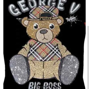 Avenue George V Paris T-Shirt Teddy Bear Rhinestone Men's Black fitted Tee - Picture 1 of 4