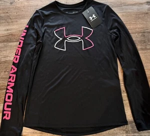 NWT Under Armour YLG Girls Black/Pink BIG LOGO  L/S Shirt Large - Picture 1 of 2