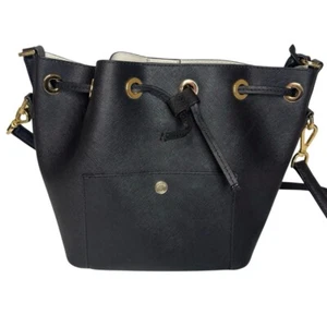 Michael Kors Greenwich Black Leather Bucket Bag White Inside Crossbody - Picture 1 of 16
