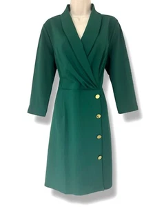 Dark Green Rolled Collar Dress Gold Buttons Size 16 Classy Office Career Plus Sz - Picture 1 of 6